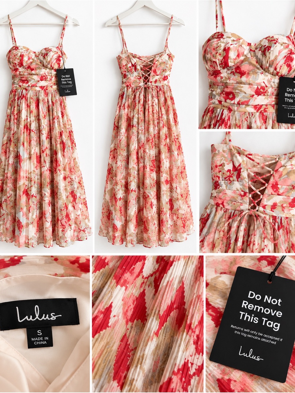 Lulu's Red and Cream Floral Lace-Up Tea Dress